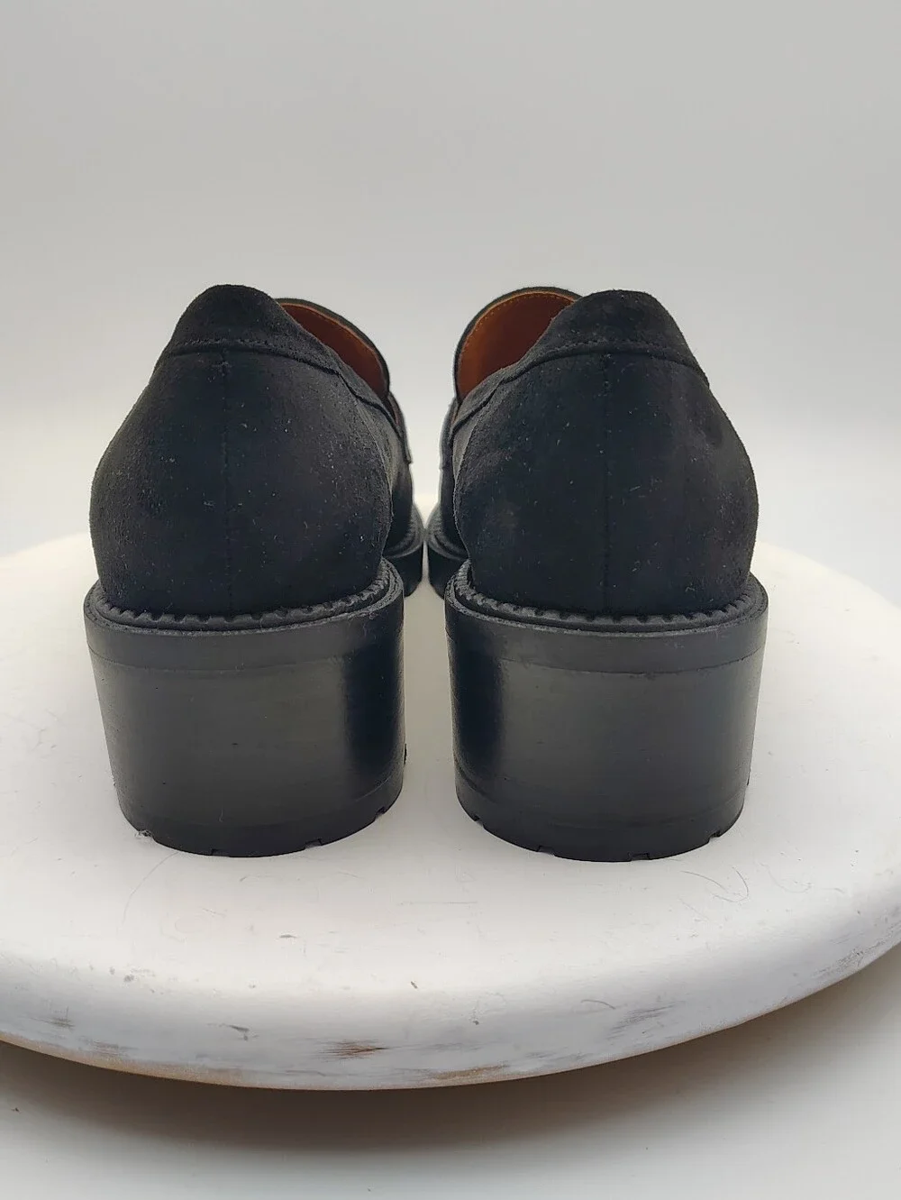 New Marc Fisher Black Suede Lug Sole Loafers with Gold Hardware Accents Size 9.5